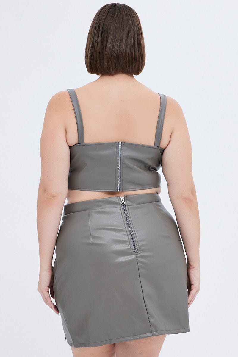 Grey Mini Skirt Faux Leather for YouandAll Fashion