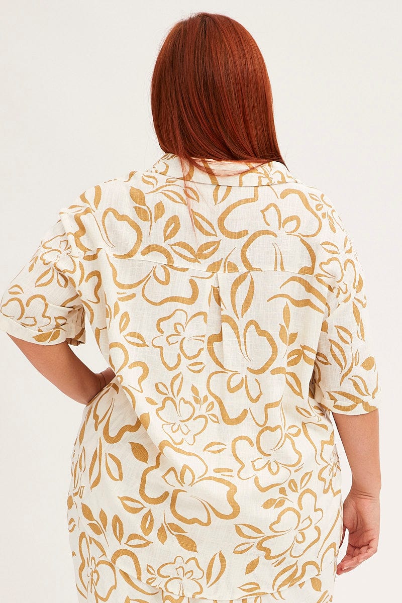 Abstract Print Short Sleeve Abstract Floral Linen Blend Shirt
