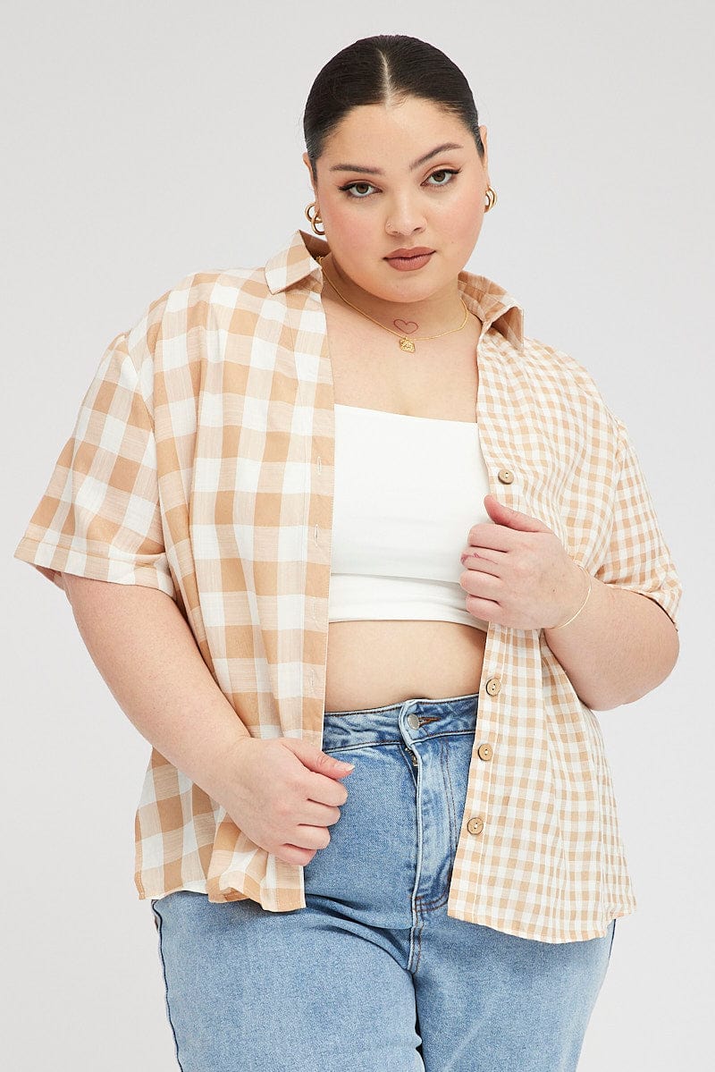 Beige Check Relaxed Shirt Short Sleeve V-Neck for YouandAll Fashion