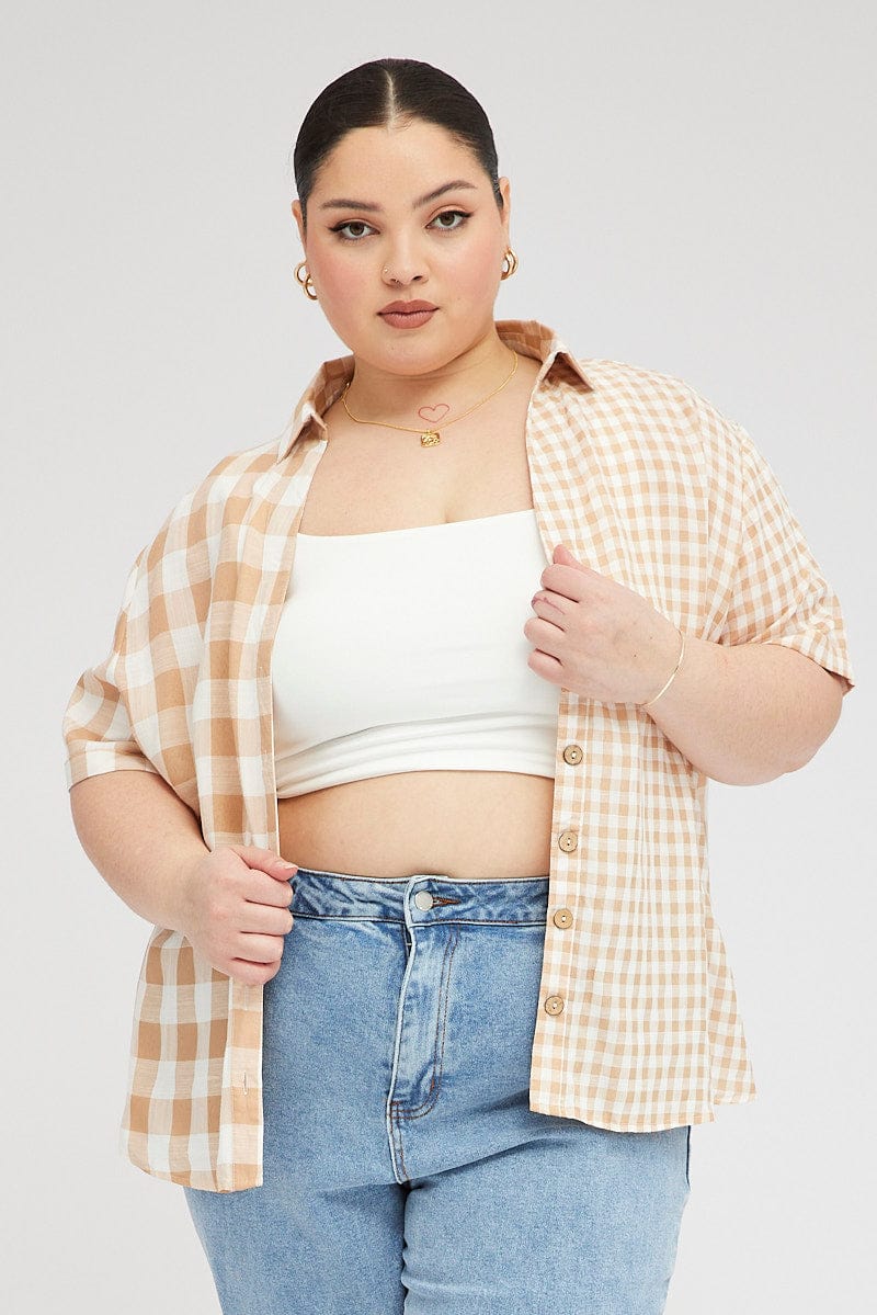 Beige Check Relaxed Shirt Short Sleeve V-Neck for YouandAll Fashion