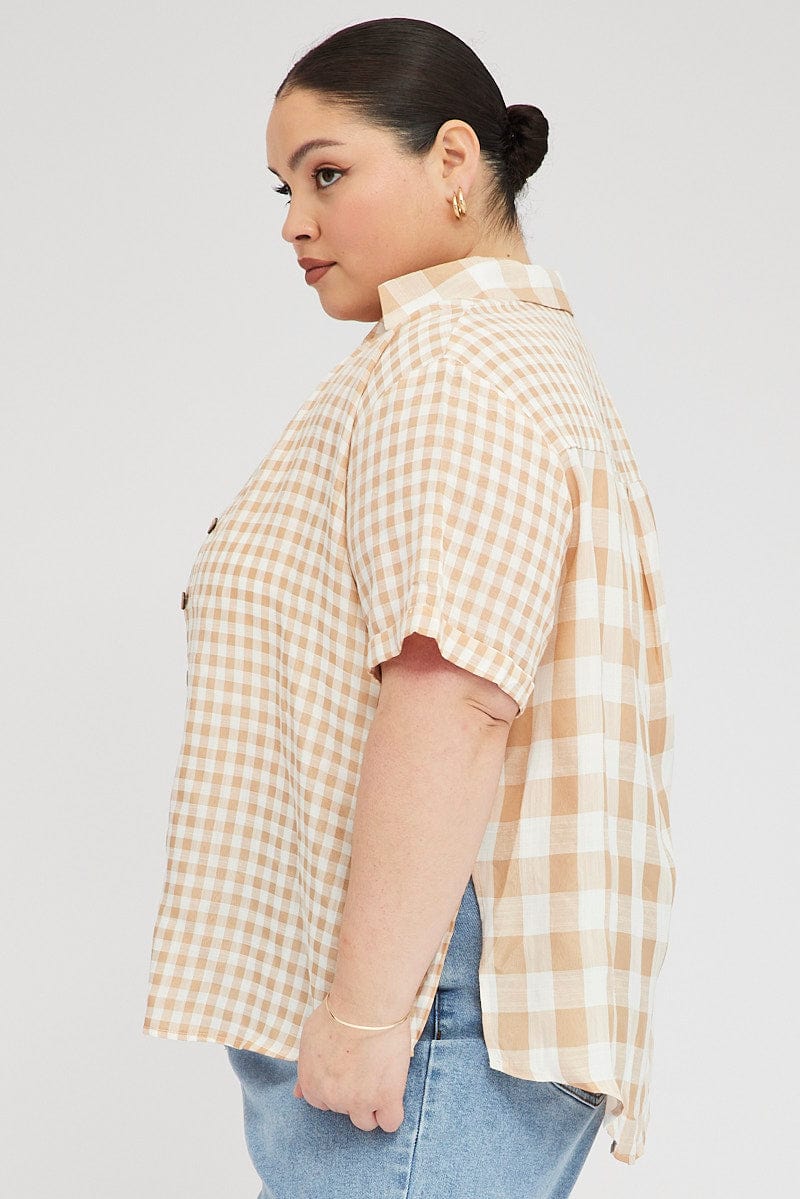 Beige Check Relaxed Shirt Short Sleeve V-Neck for YouandAll Fashion