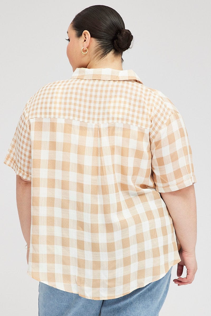 Beige Check Relaxed Shirt Short Sleeve V-Neck for YouandAll Fashion