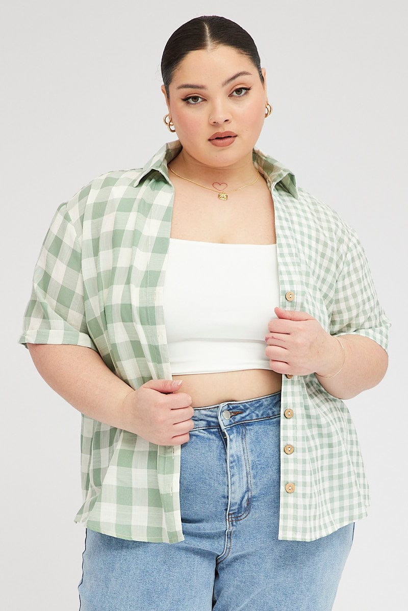 Green Check Relaxed Shirt Short Sleeve V-Neck for YouandAll Fashion