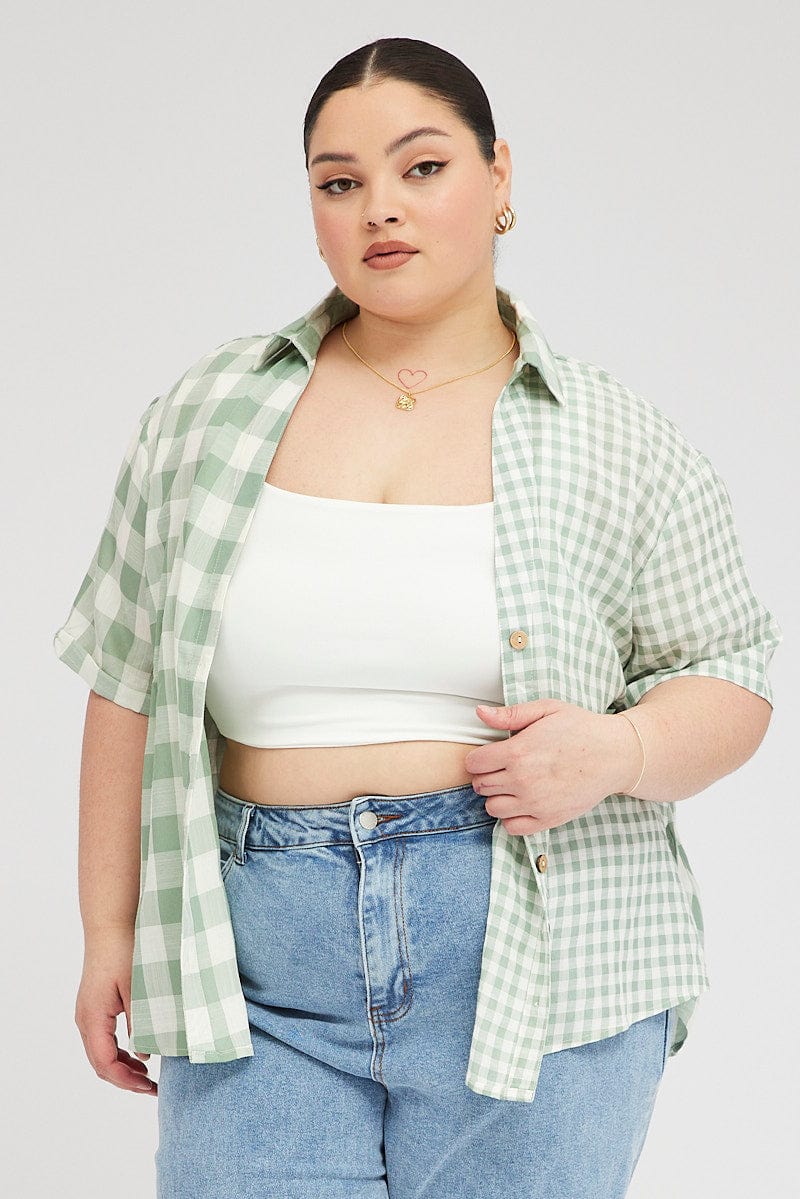 Green Check Relaxed Shirt Short Sleeve V-Neck for YouandAll Fashion