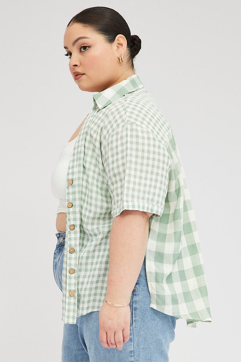 Green Check Relaxed Shirt Short Sleeve V-Neck for YouandAll Fashion