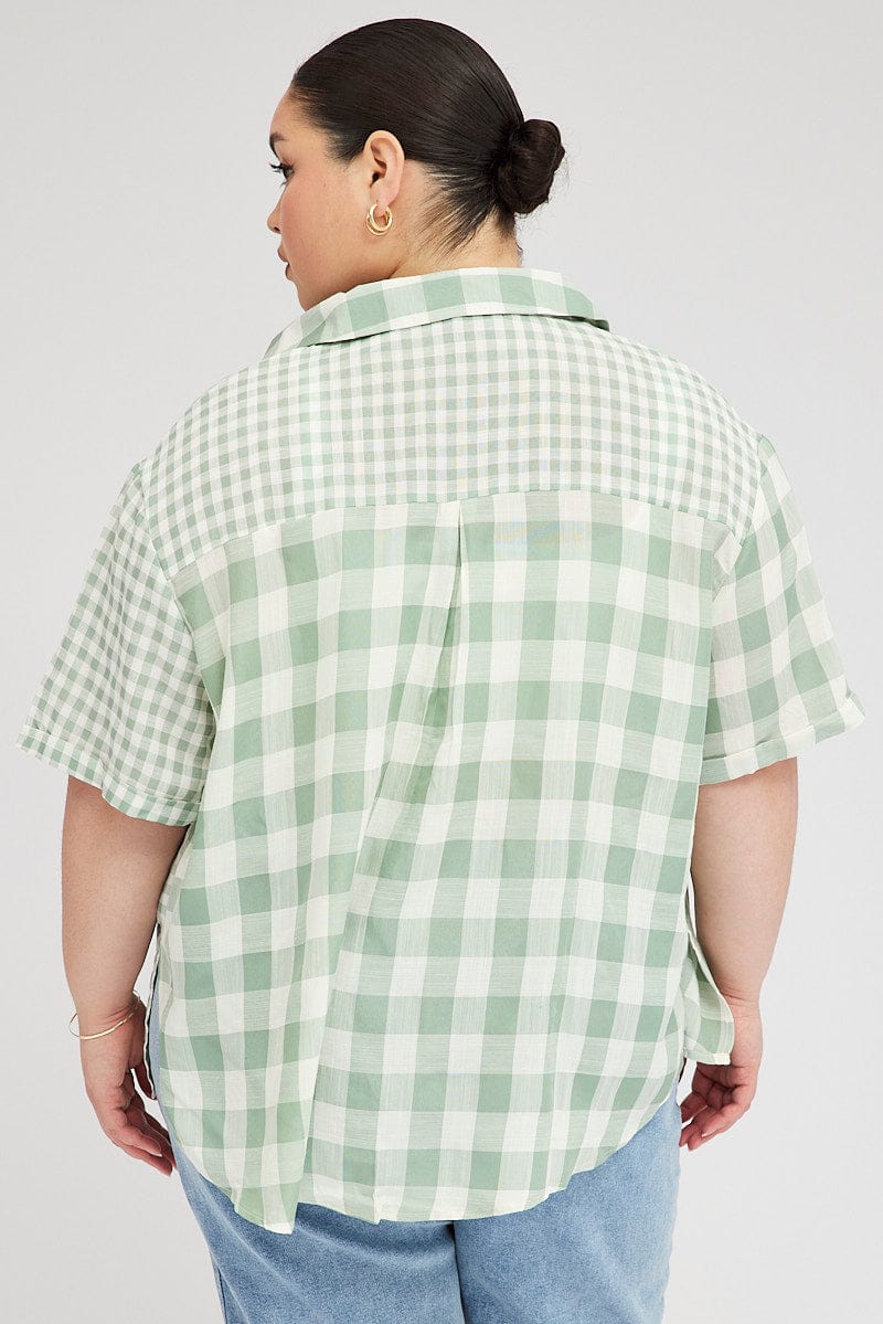 Green Check Relaxed Shirt Short Sleeve V-Neck for YouandAll Fashion