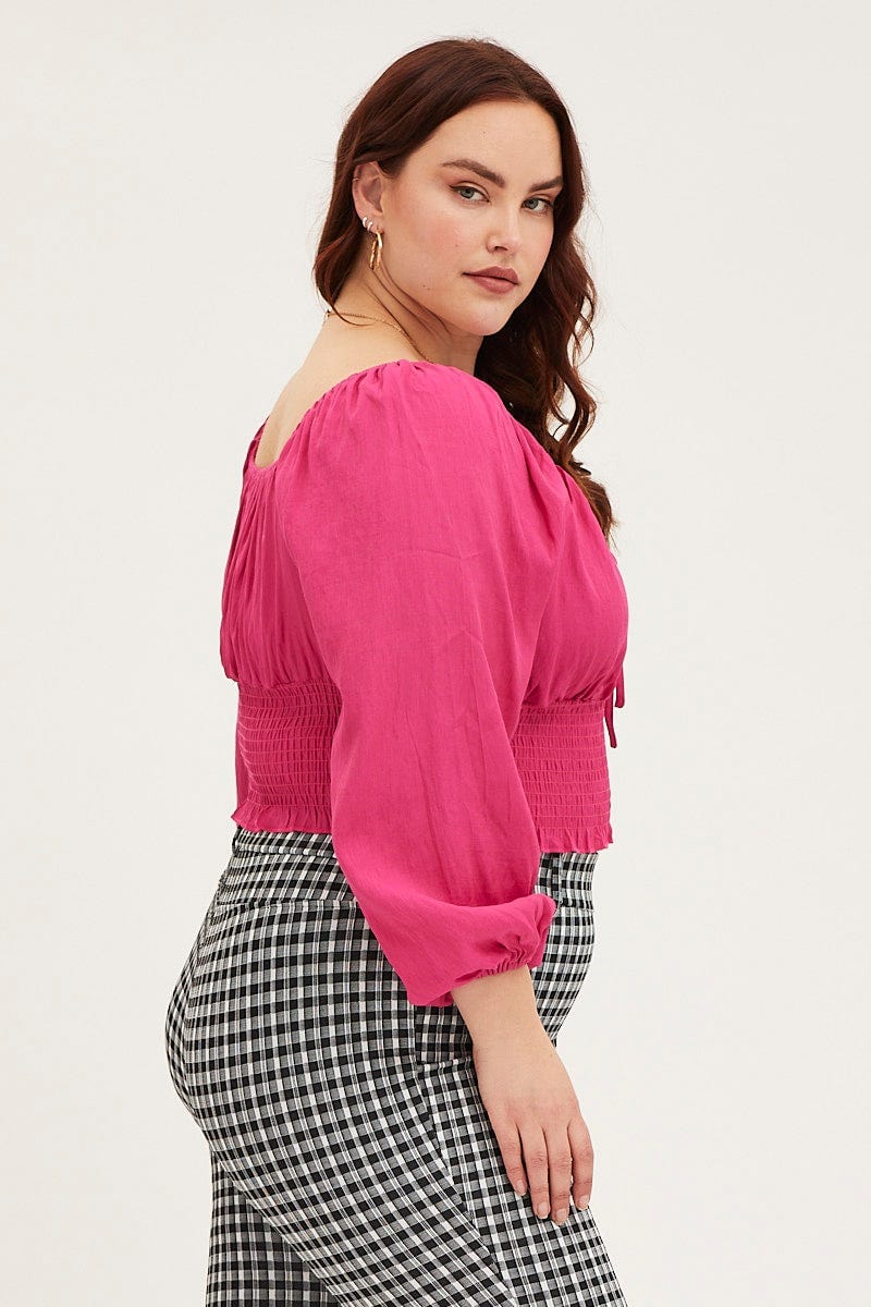 Pink Crop Top Long Sleeve Shirred For Women By You And All