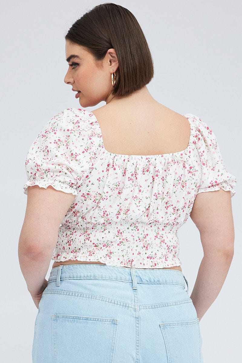 White Floral Crop Top Short Sleeve Shirred Waist for YouandAll Fashion