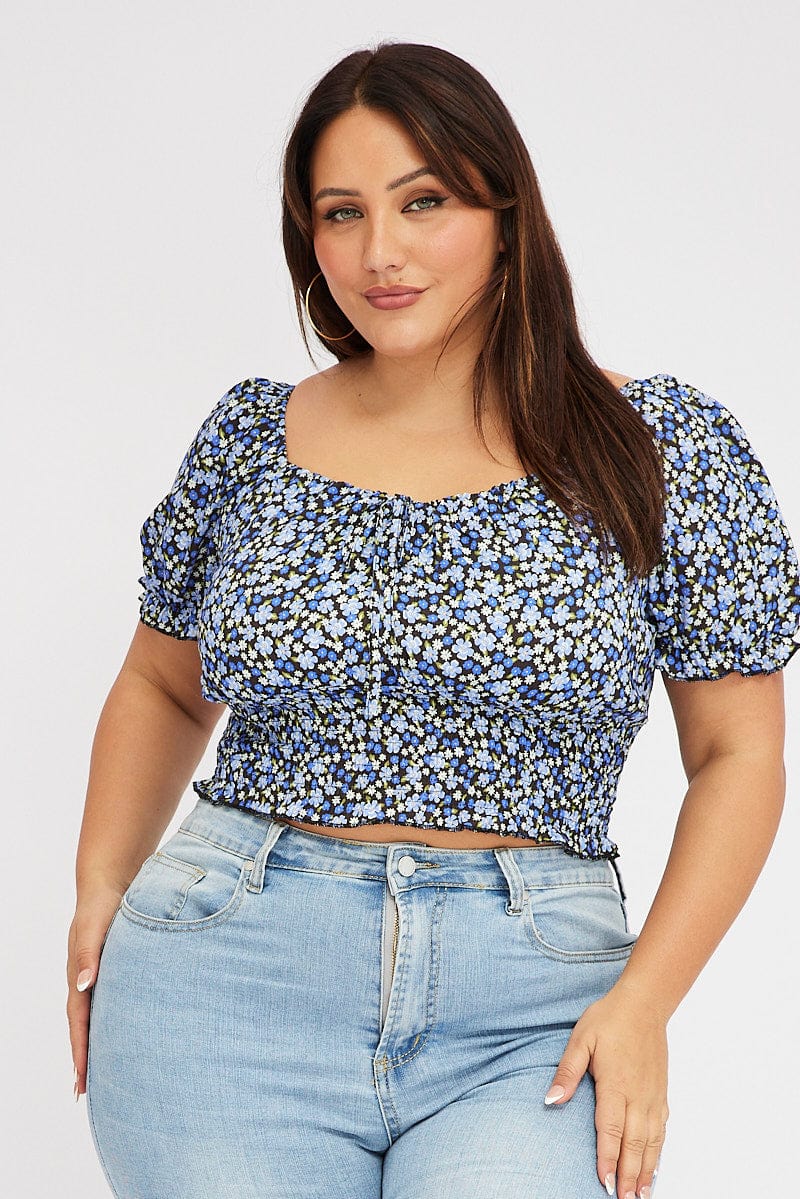 Black Floral Crop Top Short Sleeve Shirred Waist for YouandAll Fashion
