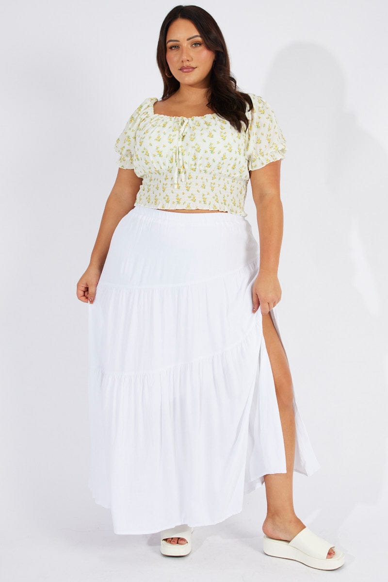 White Ditsy Crop Top Short Sleeve Ruched Bust for YouandAll Fashion