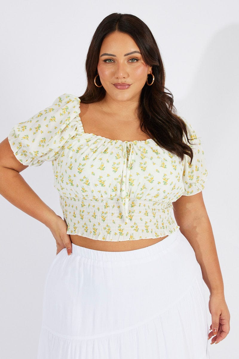 White Ditsy Crop Top Short Sleeve Ruched Bust for YouandAll Fashion