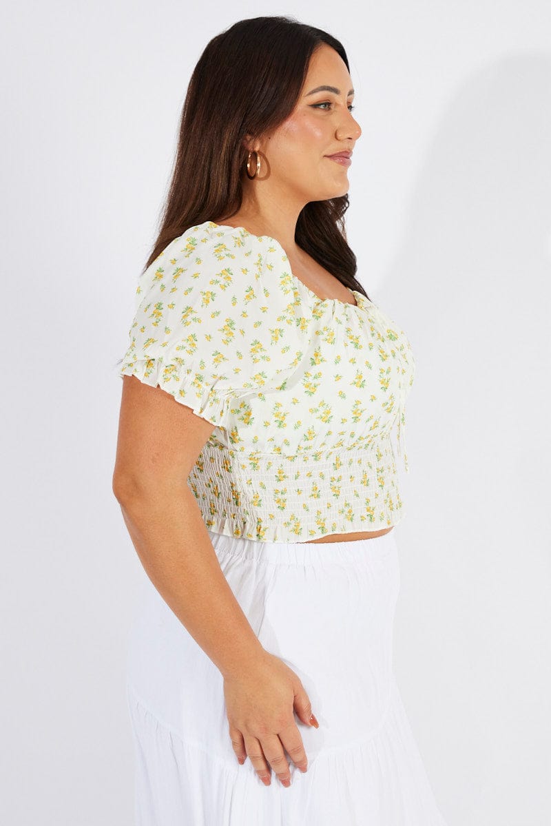 White Ditsy Crop Top Short Sleeve Ruched Bust for YouandAll Fashion