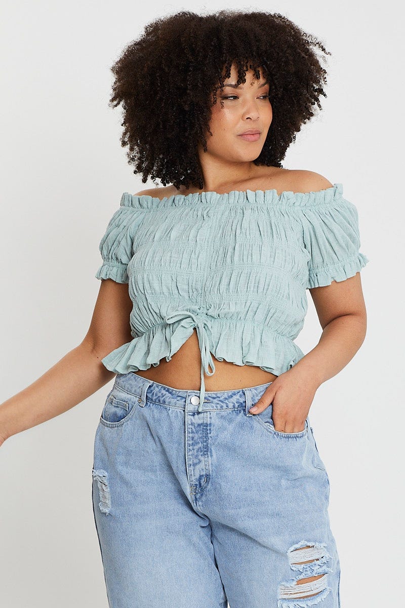 Green Textured Cotton Ruched Crop Top for Women by You and All