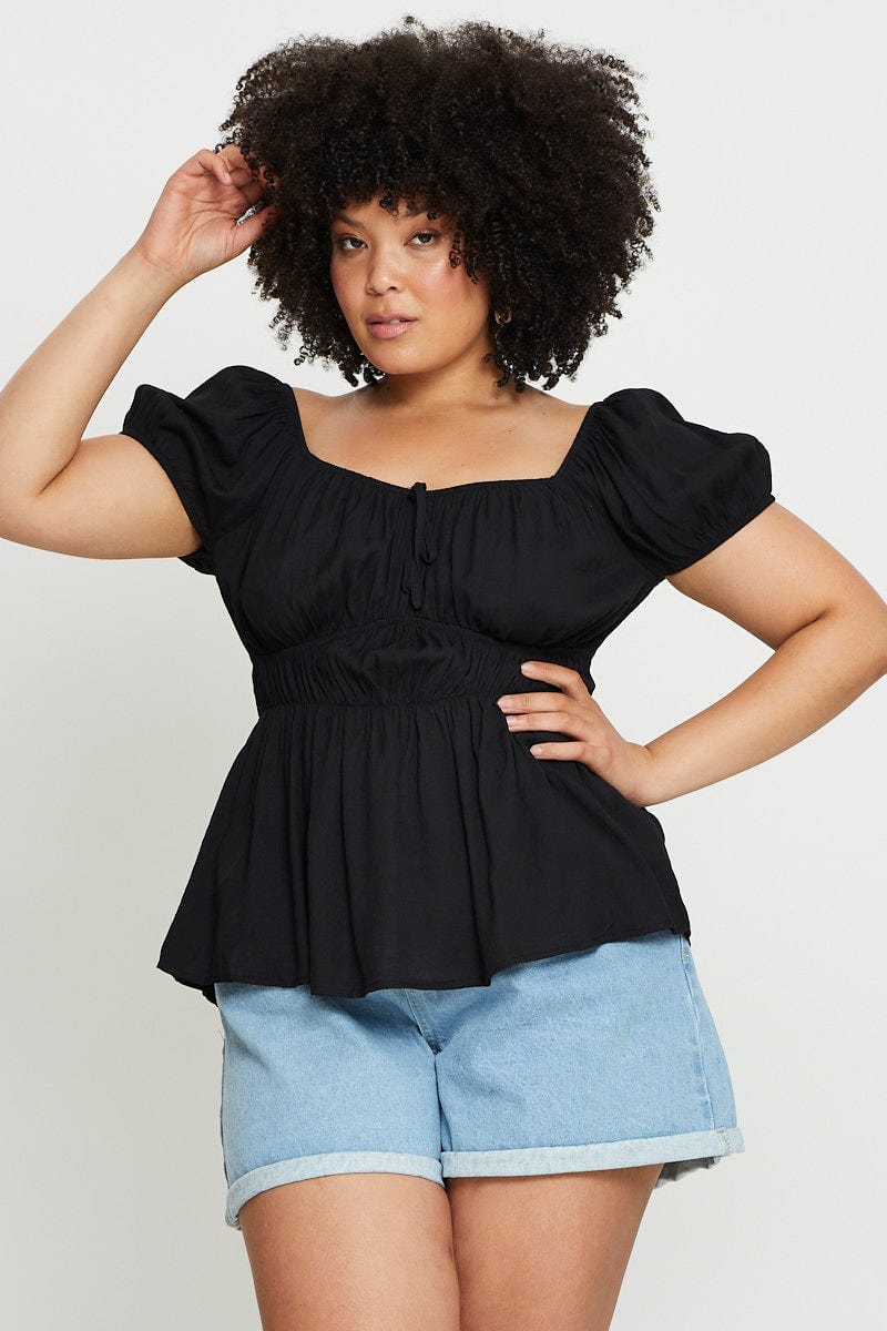 Black Peplum Top Short Sleeve Ruched For Women By You And All
