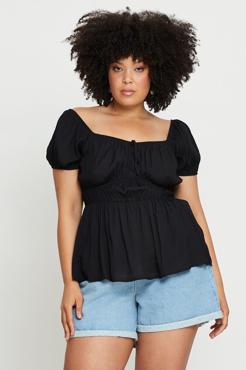 Black Peplum Top Short Sleeve Ruched For Women By You And All
