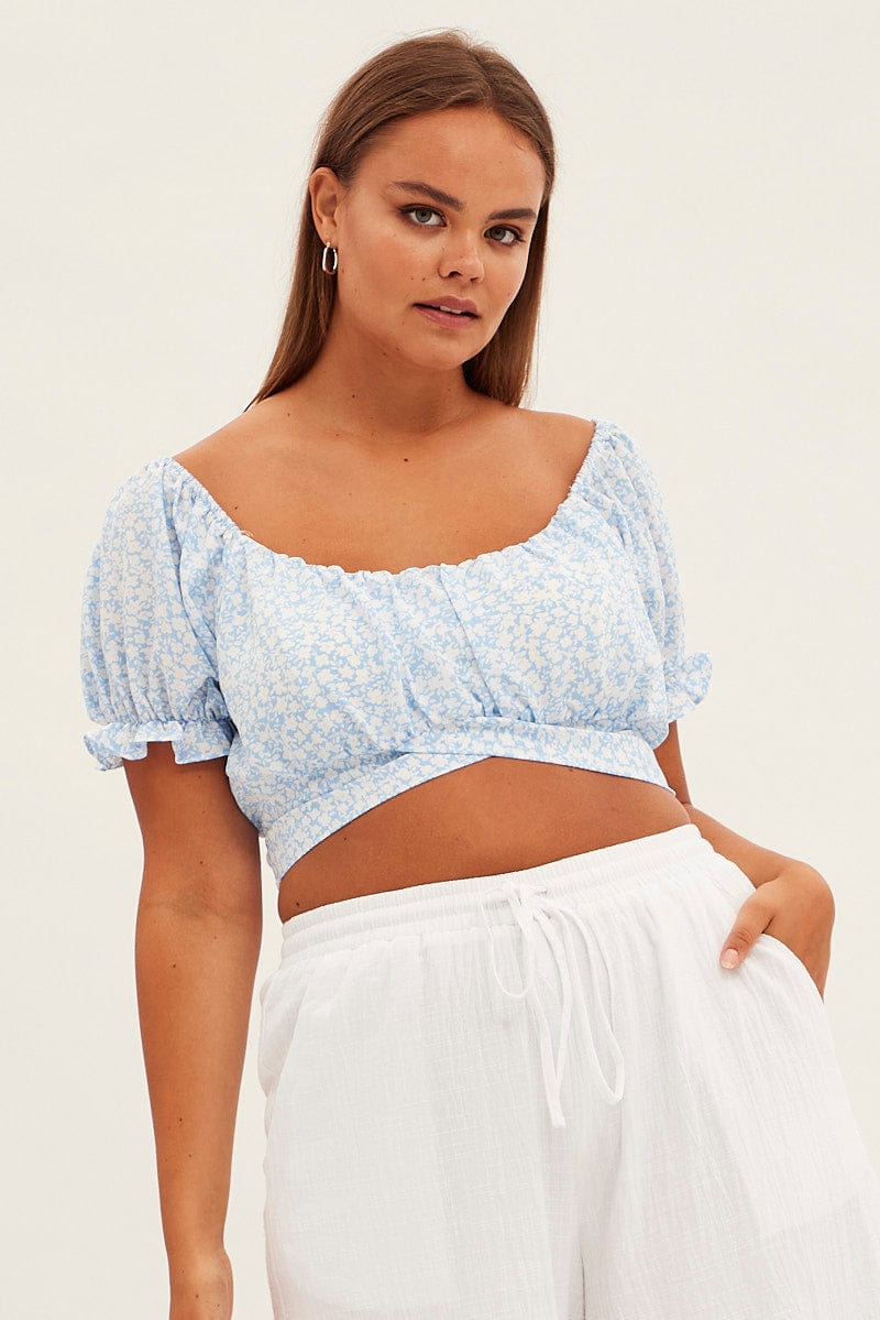 Blue Ditsy Crop Top Short Sleeve Tie Back for YouandAll Fashion