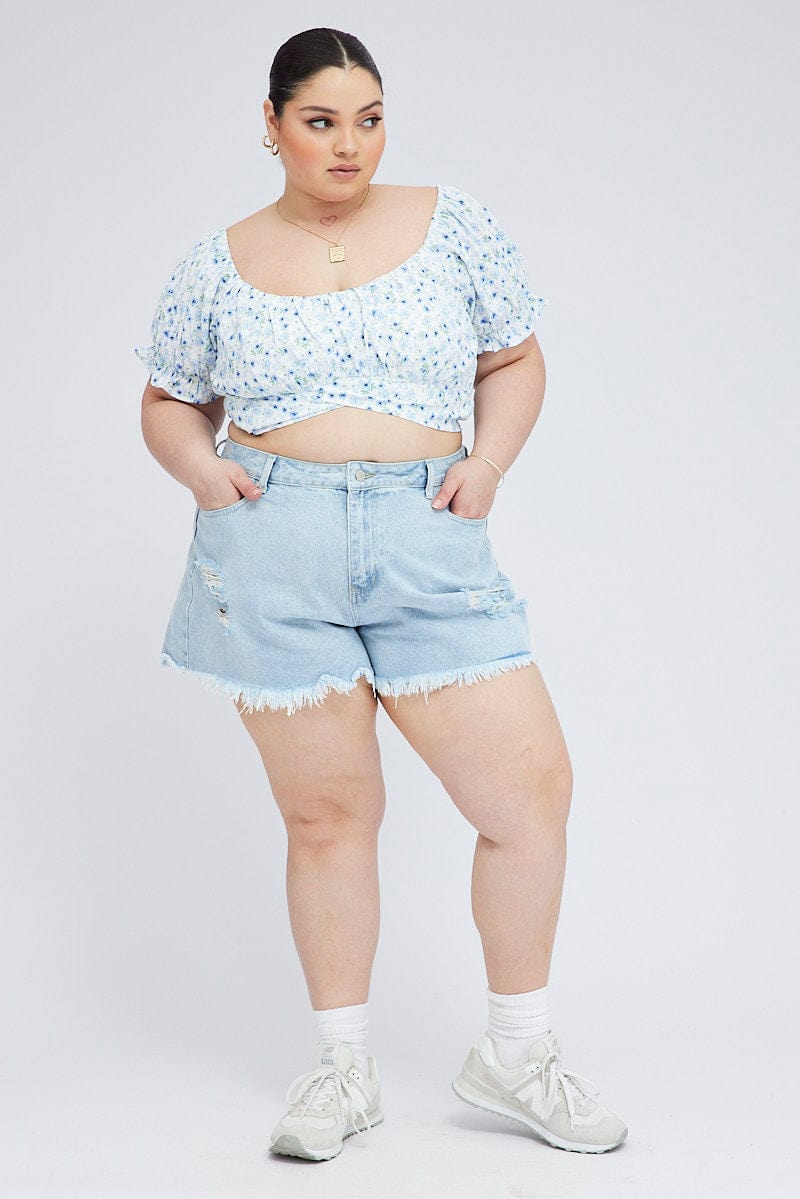 Blue Ditsy Crop Top Short Sleeve Tie Back for YouandAll Fashion