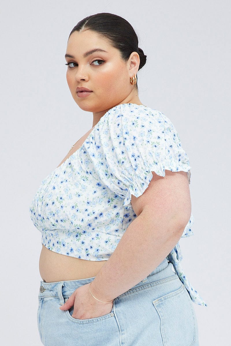 Blue Ditsy Crop Top Short Sleeve Tie Back for YouandAll Fashion