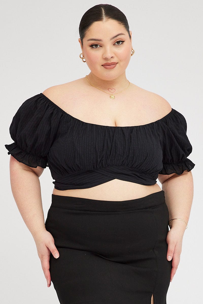 Black Crop Top Short Sleeve Tie Back for YouandAll Fashion
