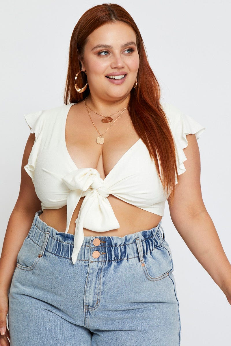 White Crop Top   Short Sleeve Tie Front for Women by You and All