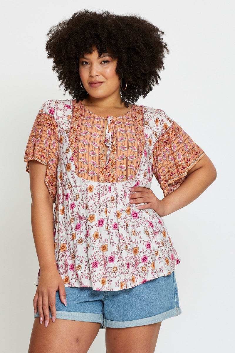Boho Prt Peasant Top Short Sleeve For Women By You And All