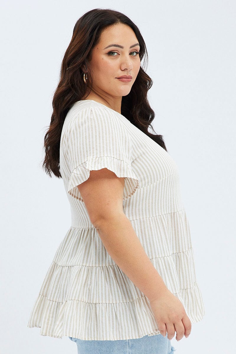 Camel Stripe Smock Top Short Sleeve Tiered for YouandAll Fashion