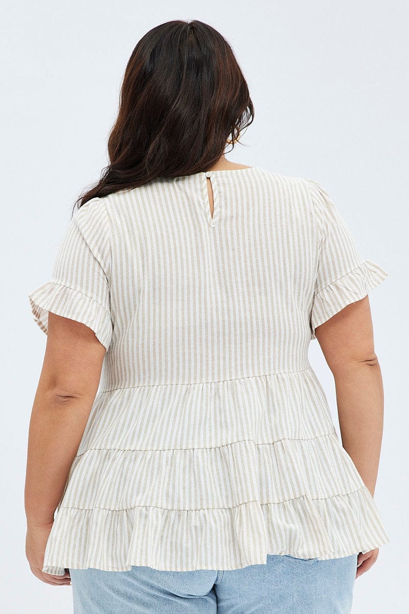 Camel Stripe Smock Top Short Sleeve Tiered for YouandAll Fashion
