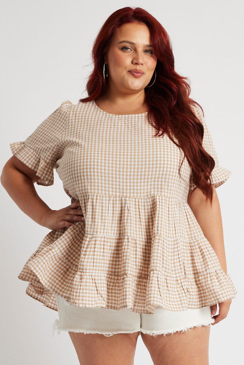 Beige Check Tiered Top Short Sleeve for YouandAll Fashion