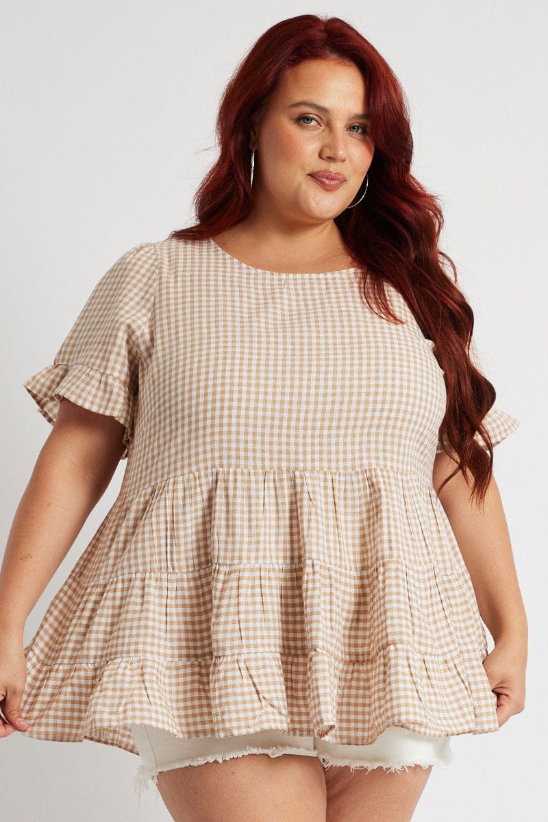 Beige Check Tiered Top Short Sleeve for YouandAll Fashion