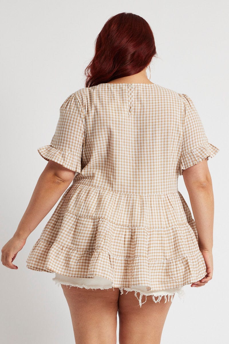 Beige Check Tiered Top Short Sleeve for YouandAll Fashion