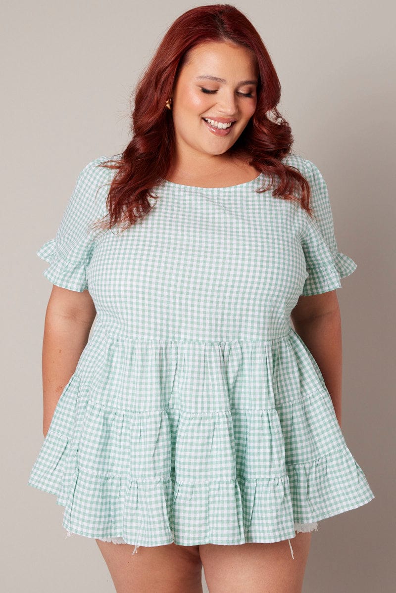 Green Check Tiered Top Short Sleeve for YouandAll Fashion