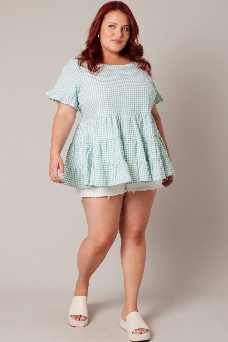 Green Check Tiered Top Short Sleeve for YouandAll Fashion