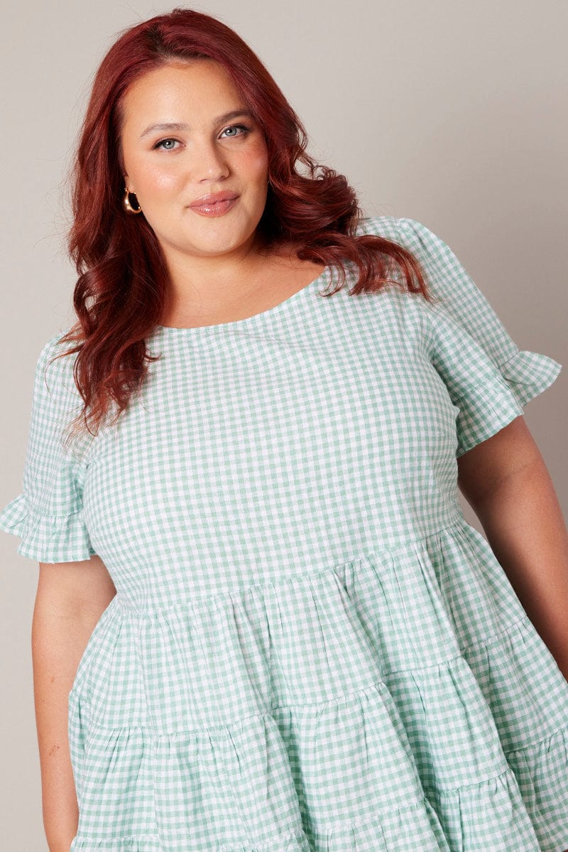 Green Check Tiered Top Short Sleeve for YouandAll Fashion