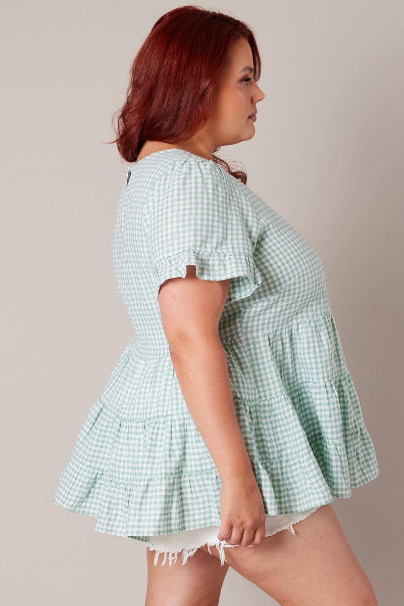 Green Check Tiered Top Short Sleeve for YouandAll Fashion