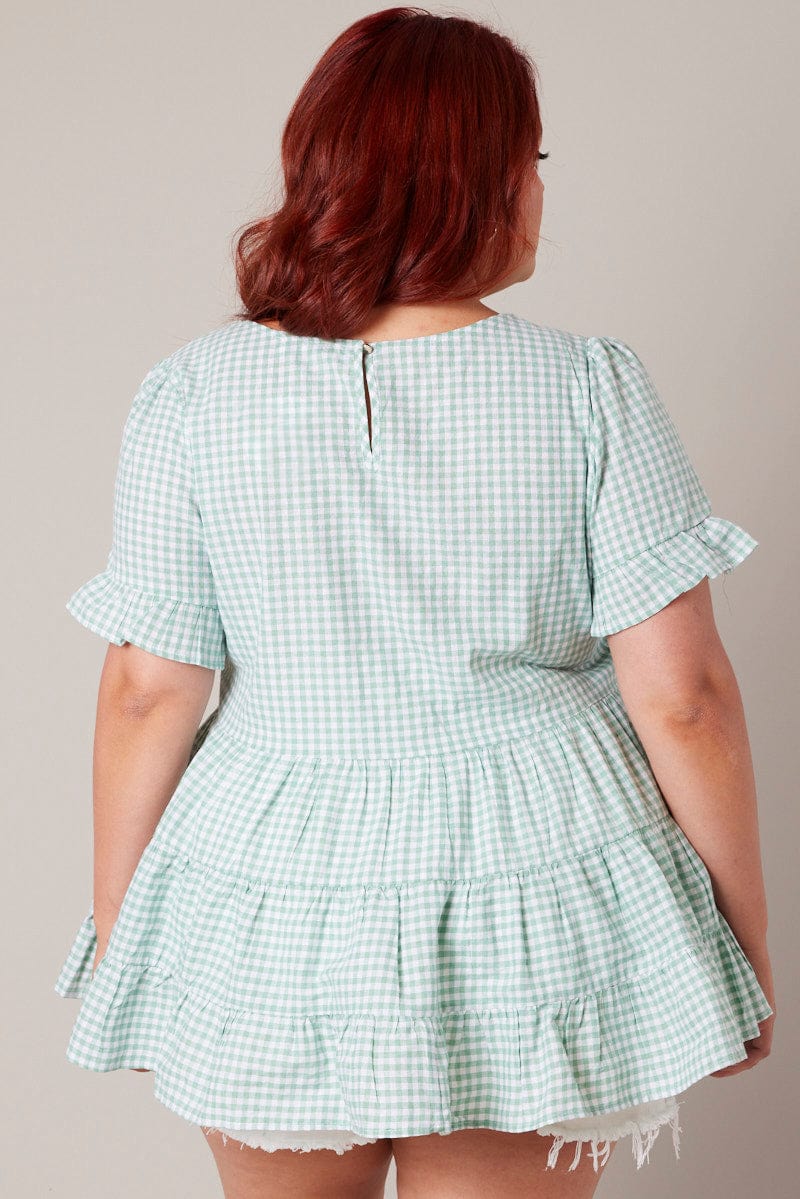 Green Check Tiered Top Short Sleeve for YouandAll Fashion