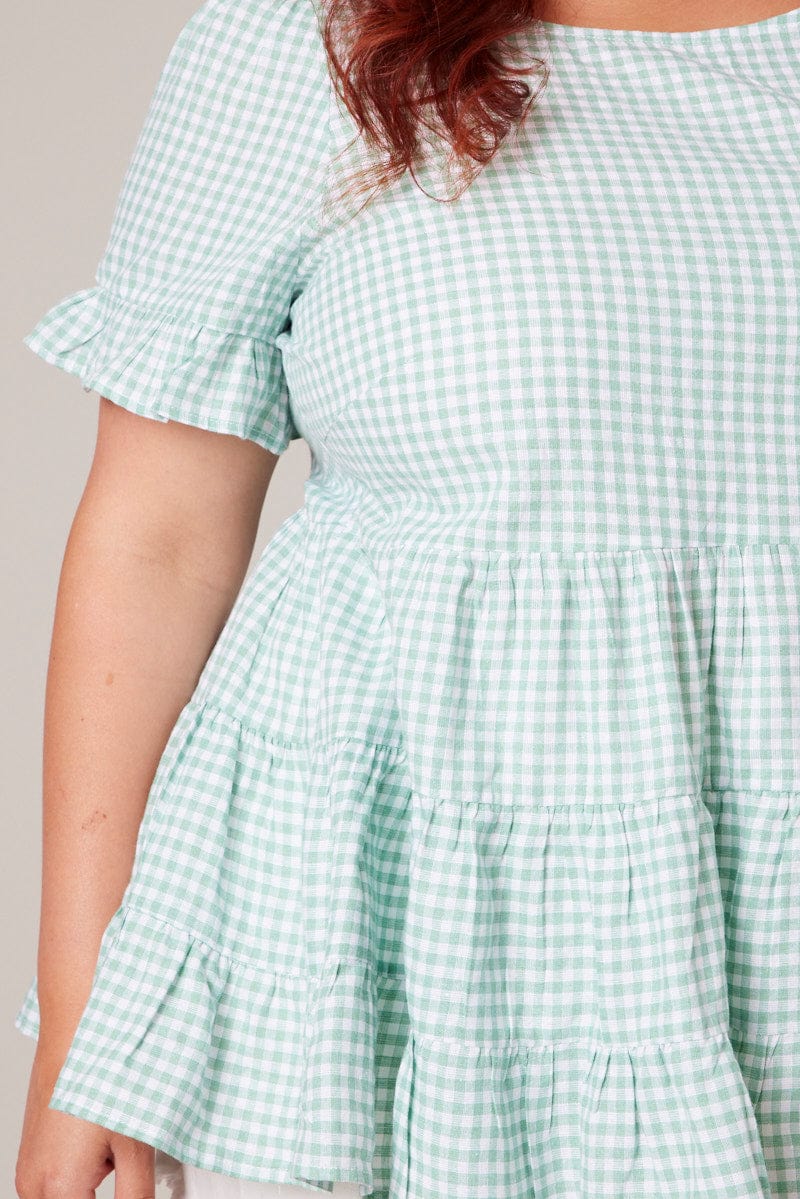 Green Check Tiered Top Short Sleeve for YouandAll Fashion