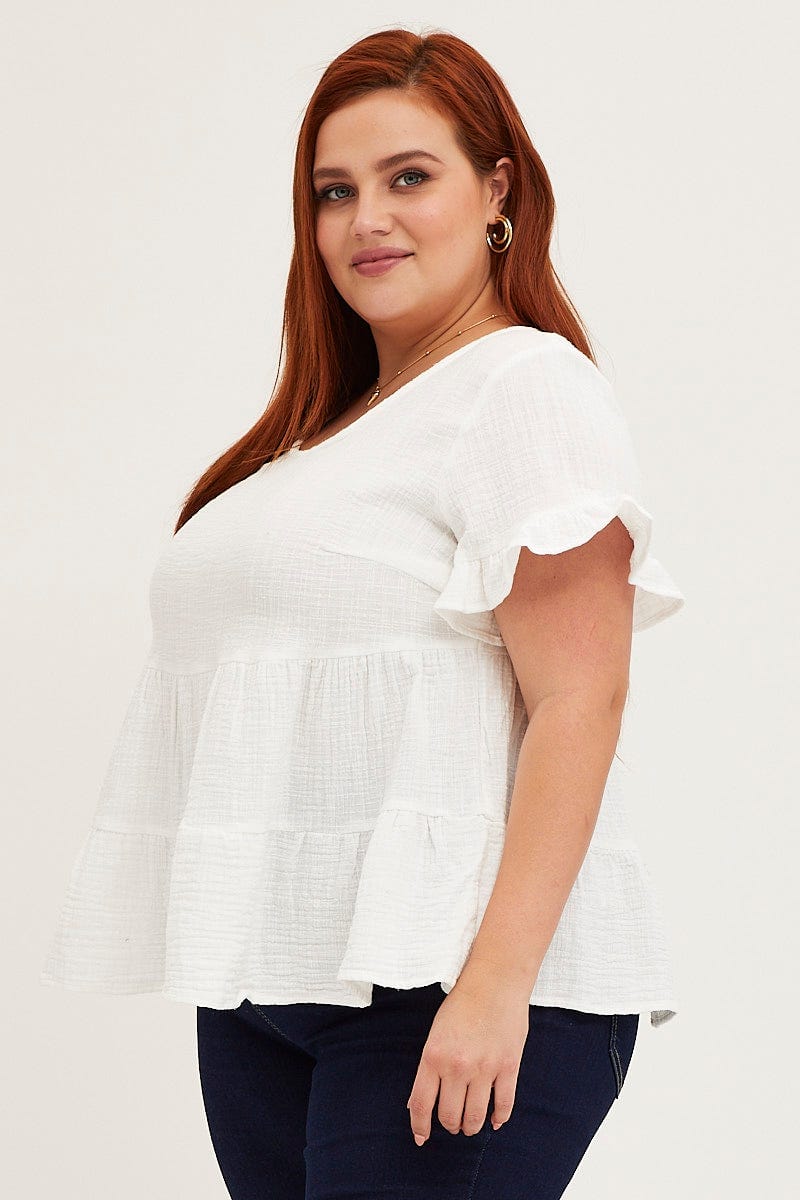White Short Sleeve Tiered Smock Top For Women By You And All