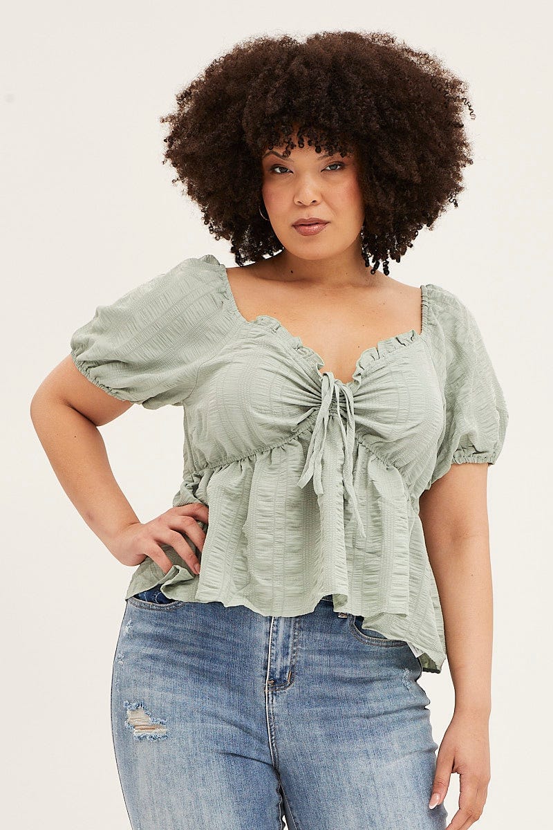 Sage Peplum Top Short Sleeve Texturedre Ruched For Women By You And All