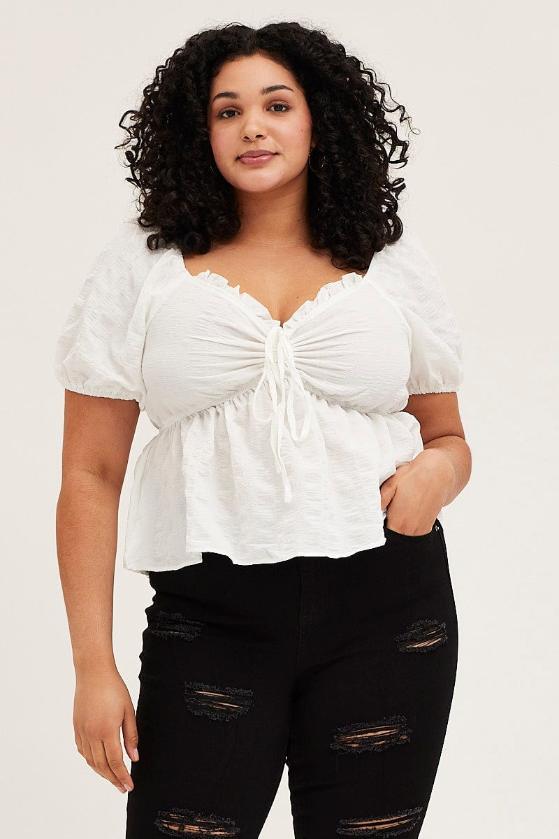 White Peplum Top Short Sleeve Texturedre Ruched For Women By You And All