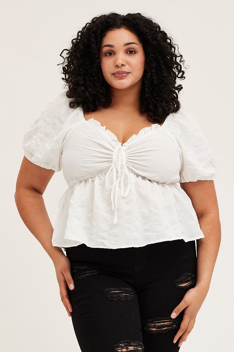 Plus Size White Peplum Top Short Sleeve Texturedre Ruched You