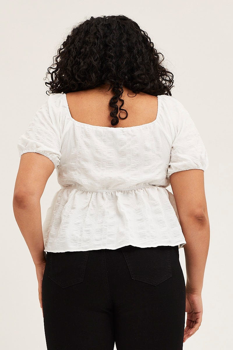 White Peplum Top Short Sleeve Texturedre Ruched For Women By You And All