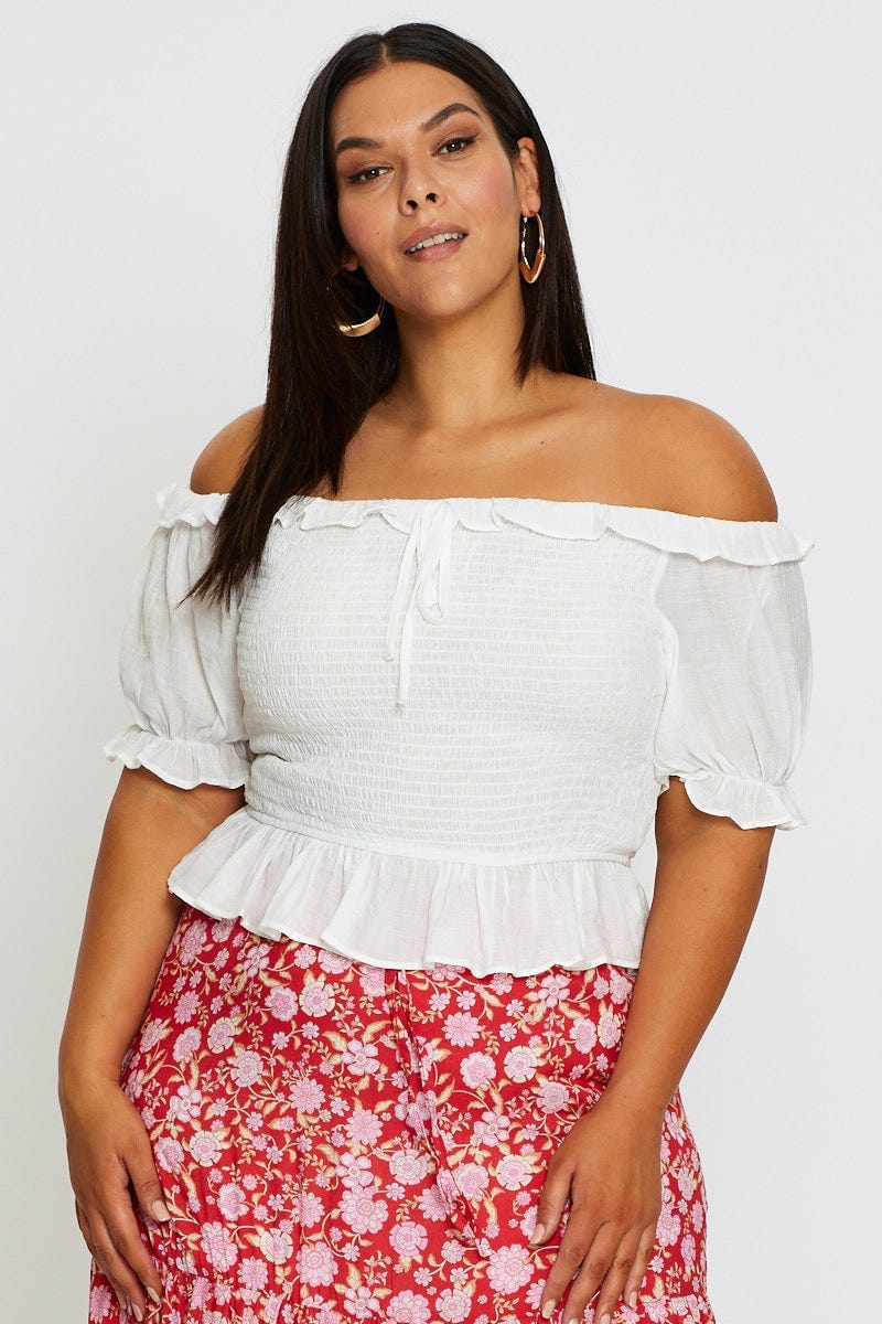 White Peplum Top Short Sleeve Shirred Off Shoulder For Women By You And All