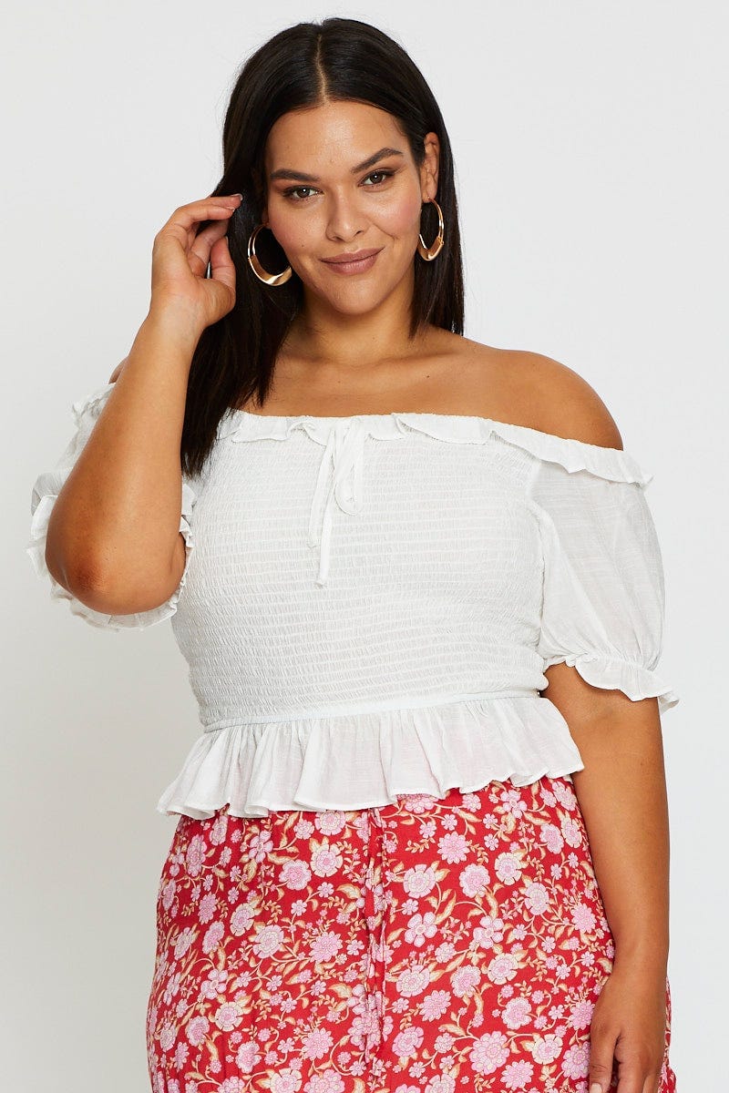 White Peplum Top Short Sleeve Shirred Off Shoulder For Women By You And All