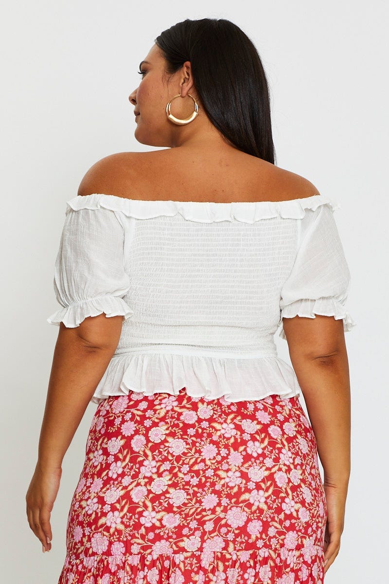 White Peplum Top Short Sleeve Shirred Off Shoulder For Women By You And All
