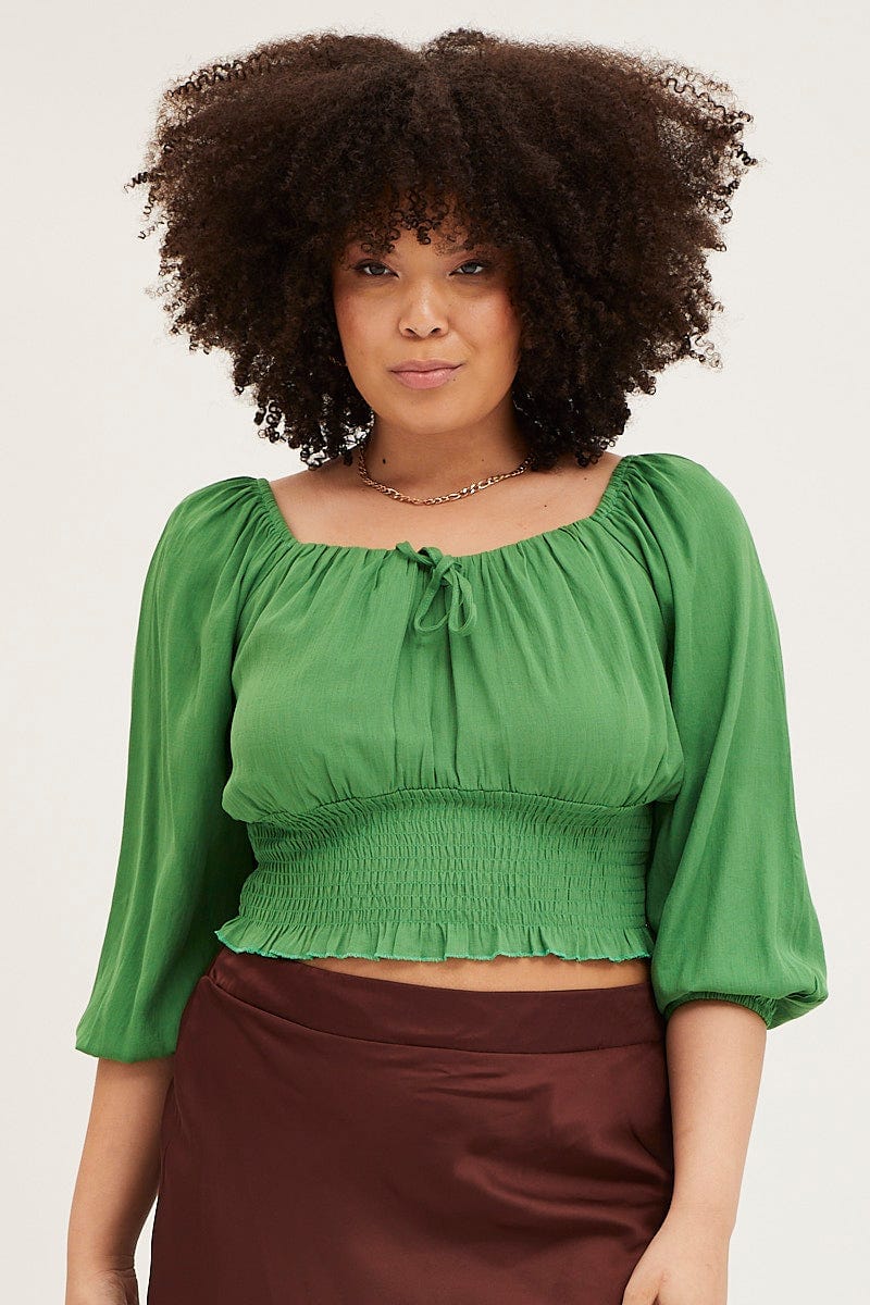 Green Green 3/4 Sleeve Gathered Bust Crop Top For Women By You And All