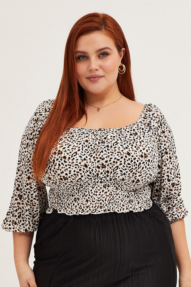 Animal Prt 3/4 Sleeve Animal Print Shirred Crop Top For Women By You And All