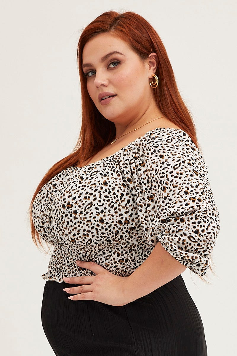 Animal Prt 3/4 Sleeve Animal Print Shirred Crop Top For Women By You And All
