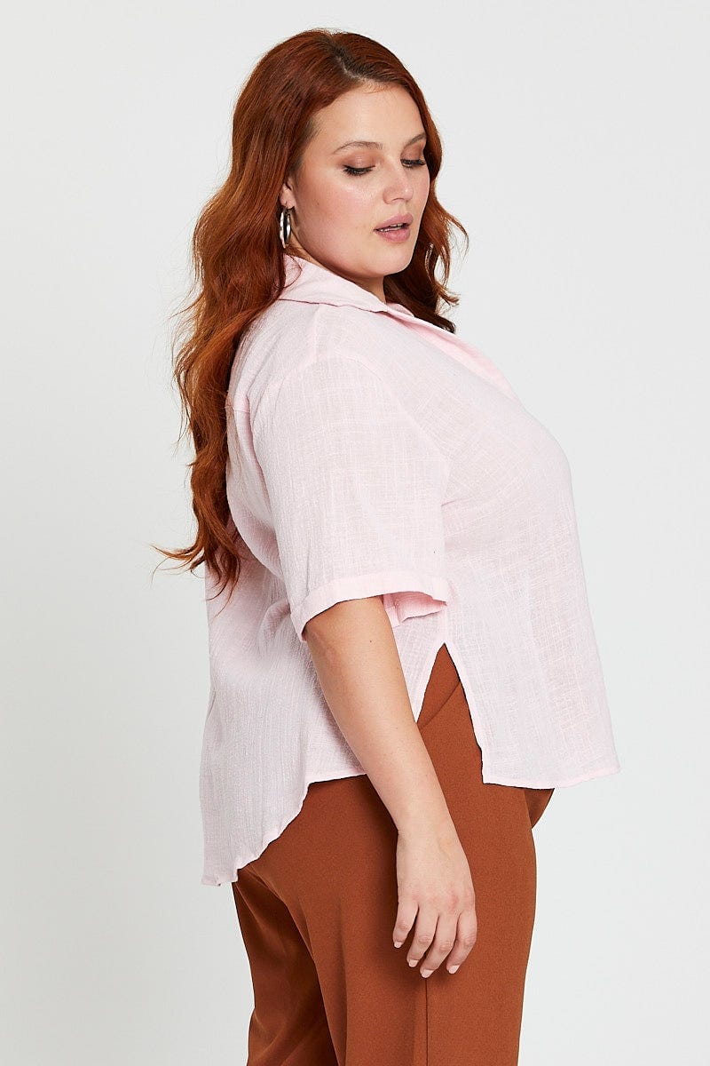 Pink V-Neck Shirt  Short Sleeve Textured  for Women by You and All