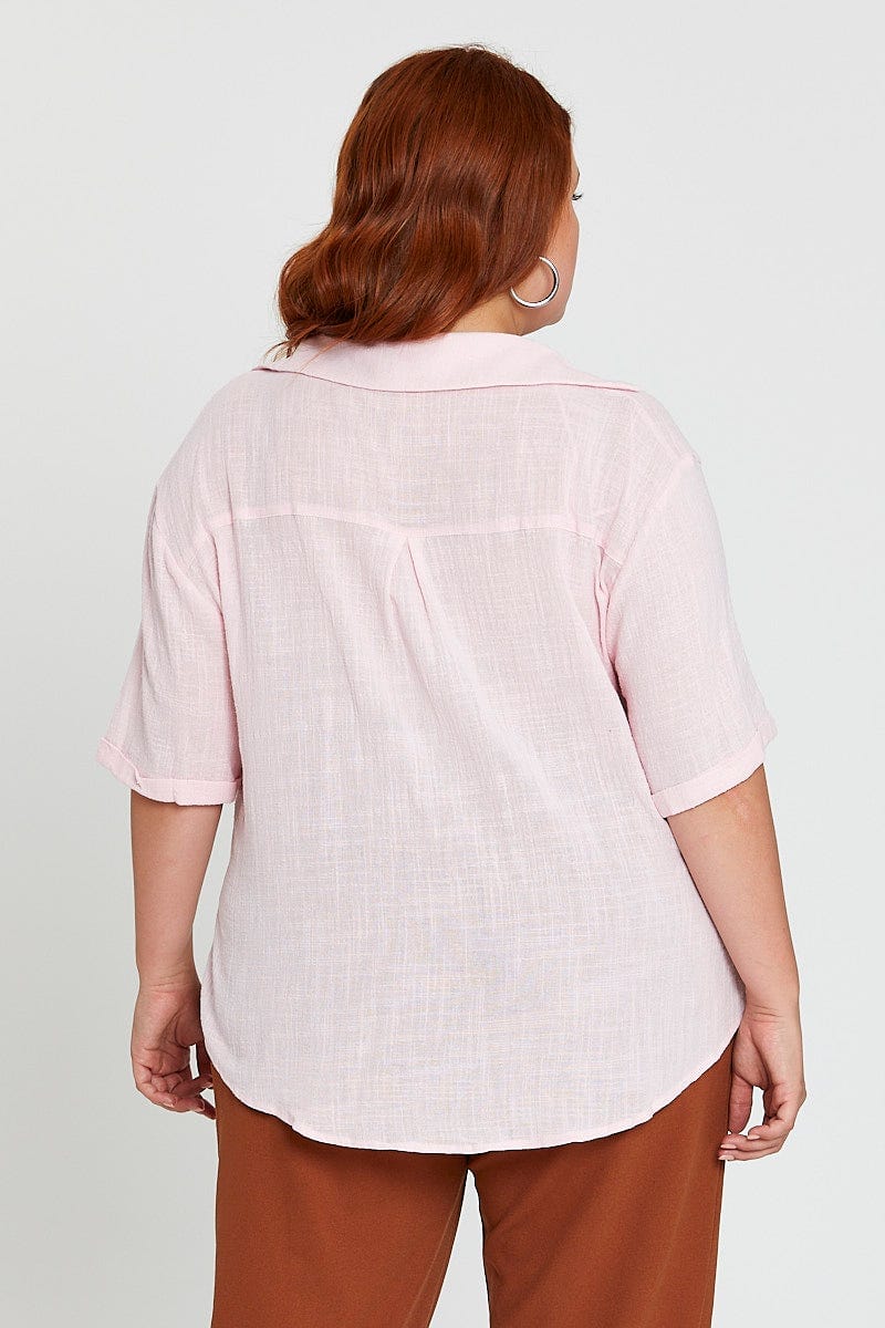 Pink V-Neck Shirt  Short Sleeve Textured  for Women by You and All