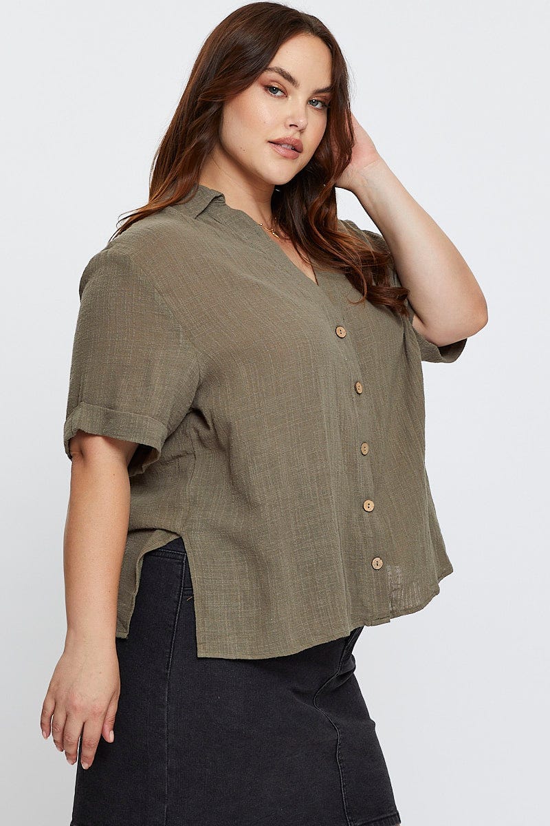 Green V-Neck Shirt Short Sleeve Textured For Women By You And All